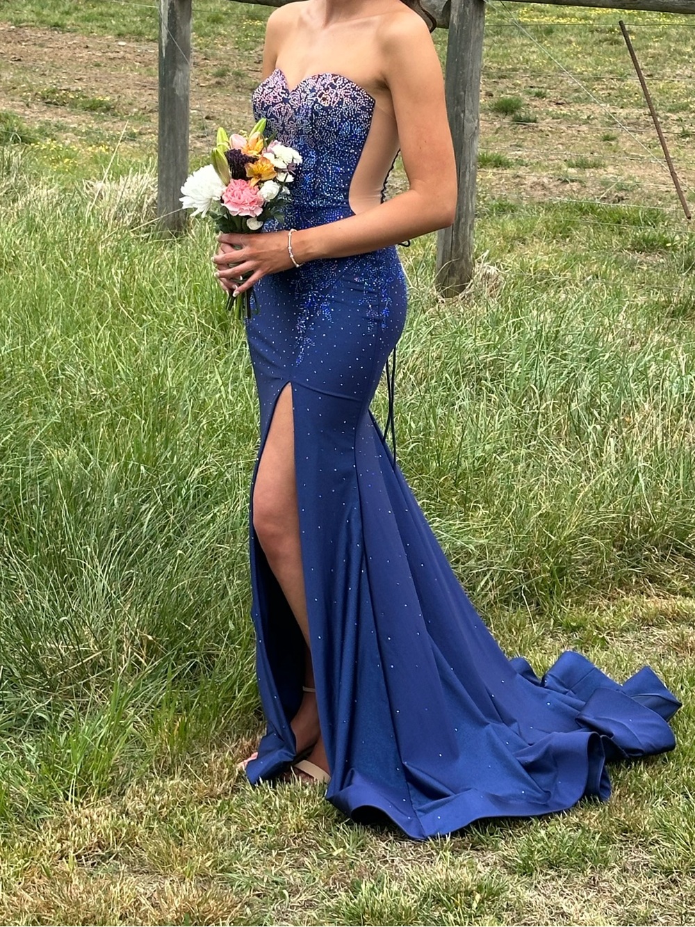Strapless Beaded Navy Evening Gown with Thigh Slit